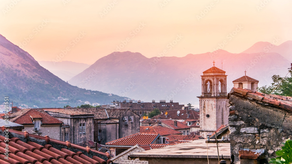 Beautiful skyline of historic district of Kotor, popular Montene