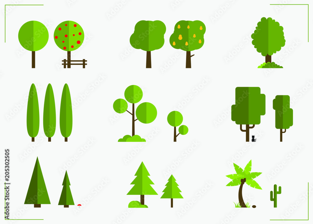 Illustrated Trees Flat  Design Set