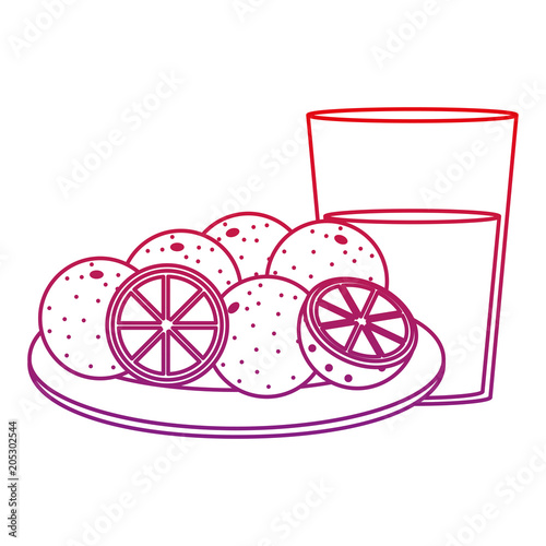 degraded line delicious oranges fruits in the plate and juice glass