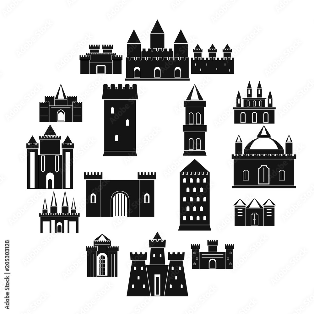 Towers and castles icons set. Simple illustration of 16 towers and castles vector icons for web