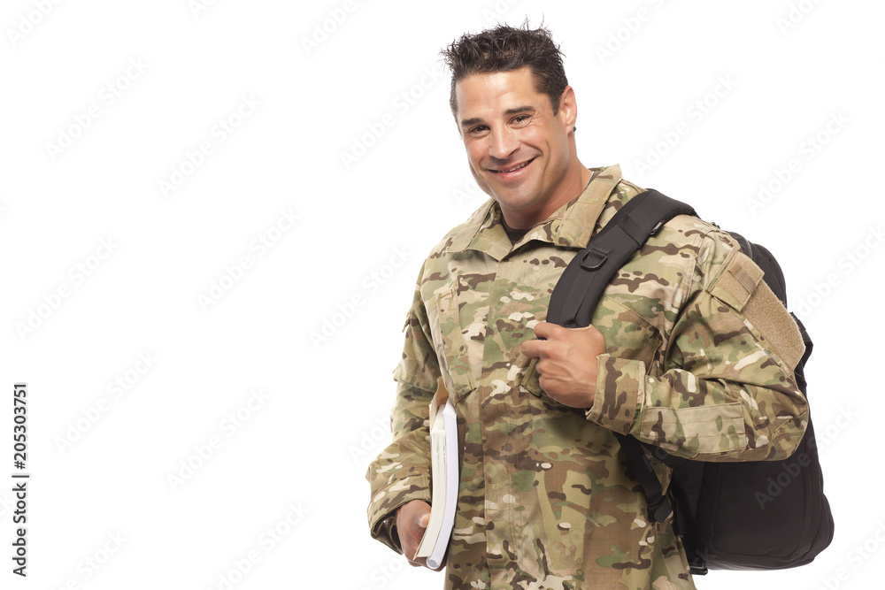 Soldier with bag and books