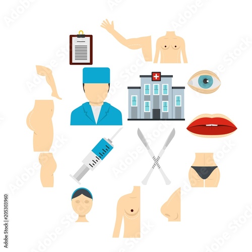 Plastic surgeon icons set in flat style isolated vector illustration