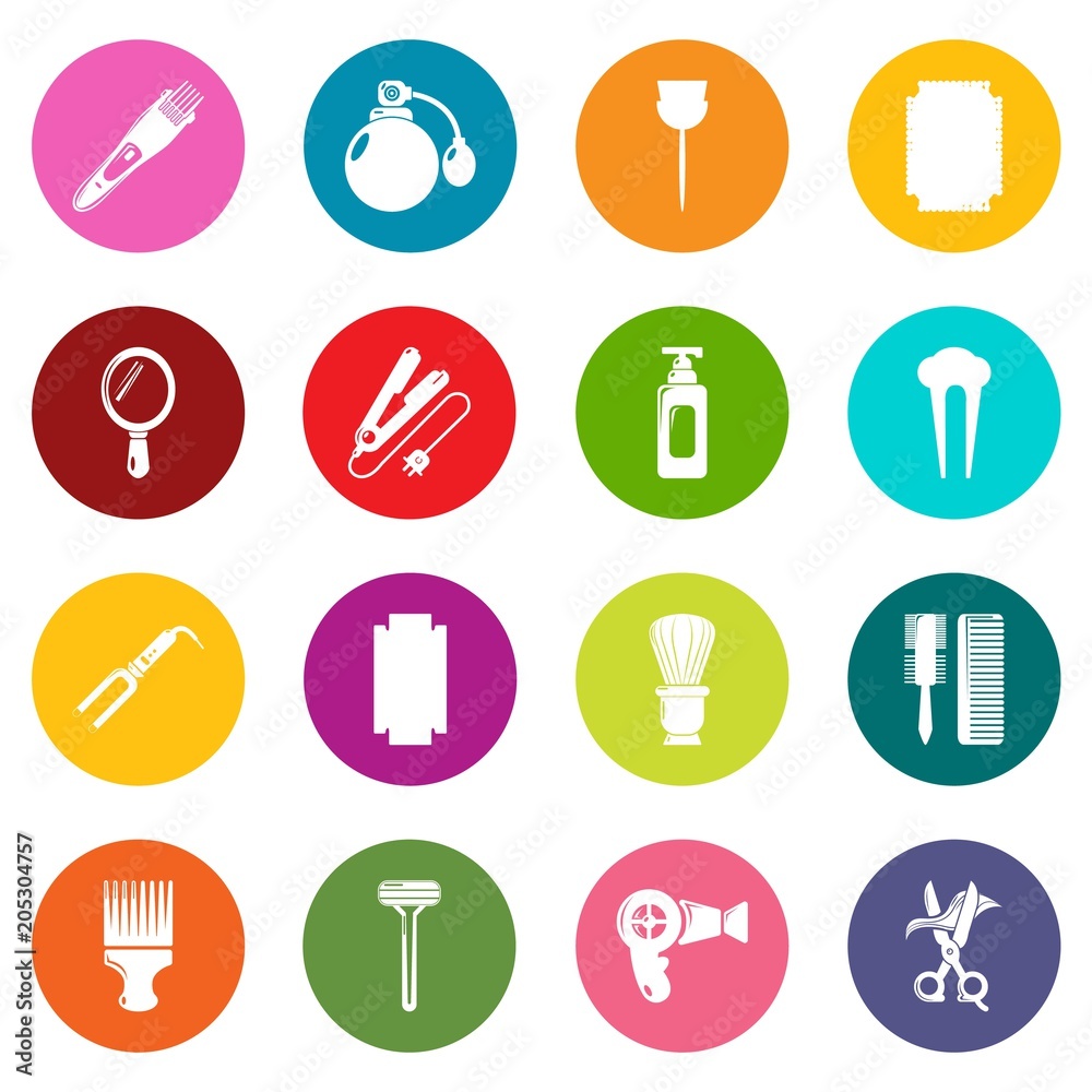Hairdresser icons set vector colorful circles isolated on white background 