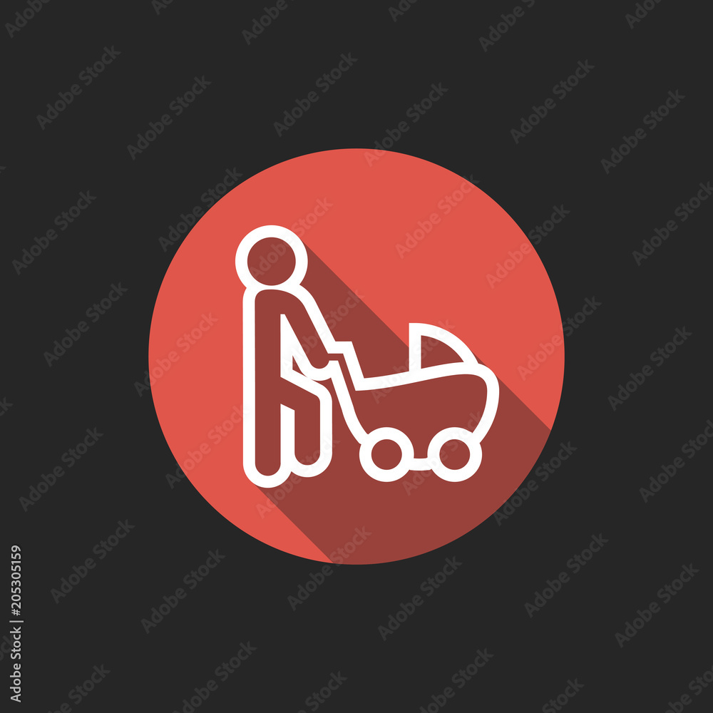 Elegant Universal White Minimalistic Thin Line Man With Baby Carriage Icon with Shadows on Circular Color Button on Black Background Elegant Universal White Minimalistic Thin Line Man With Baby Carriage Icon with Shadows on Circular Color Button on Black Background