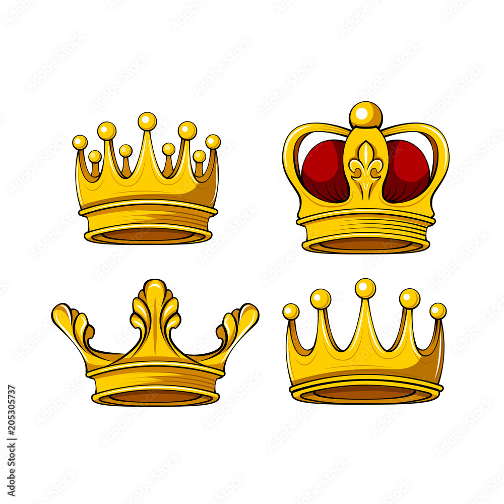 Cartoon royal crown icons set. Vector king, queen, prince, princess  attributes. Design elements. Vector. Stock Vector