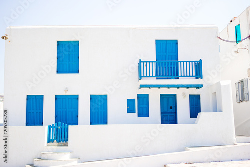 Traditional houses in the narrow streets of Mykonos, Greece.