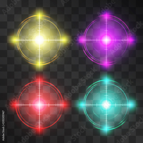 Shining reticle set, crosshairs, target screen, successful aim detection, symbol of business or military accuracy, technology interface, sport competition, correct decisions or information discover.