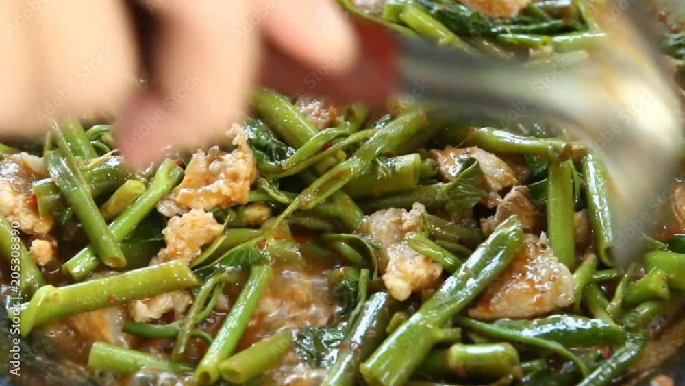 Cooking pork with morning glory curry or Kaeng The po, Thai food Cooking pork with morning glory curry or Kaeng The po, Thai food
