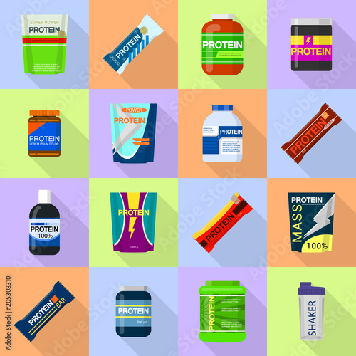 Protein sport nutrition containers icons set. Flat illustration of 16 sport nutrition containers vector icons for web