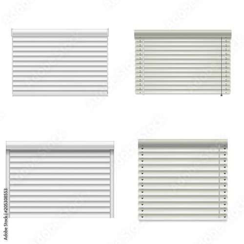 Blind window curtains mockup set. Realistic illustration of 4 blind window curtains mockups for web
