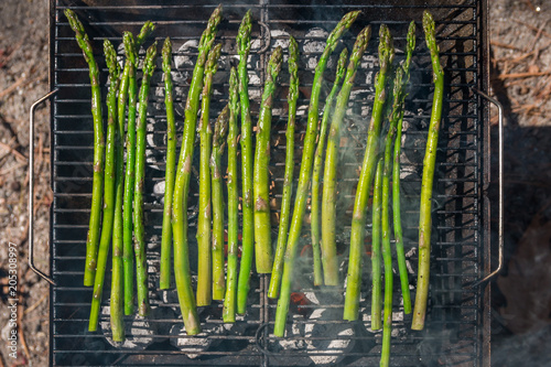 Barbecuing asparagus on a spring day in Maine