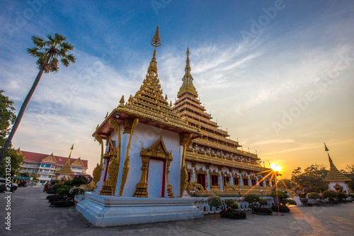 Colorful light blue evening. Wat Phra That Kaen Nakorn or Wat Nong Wang. It is a beautiful temple in Khon Kaen. It is attractive to tourists to visit the beauty. In the Northeast of Thailand.