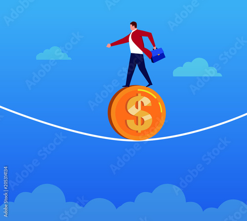 Businessman stands on a gold wire to walk a tightrope