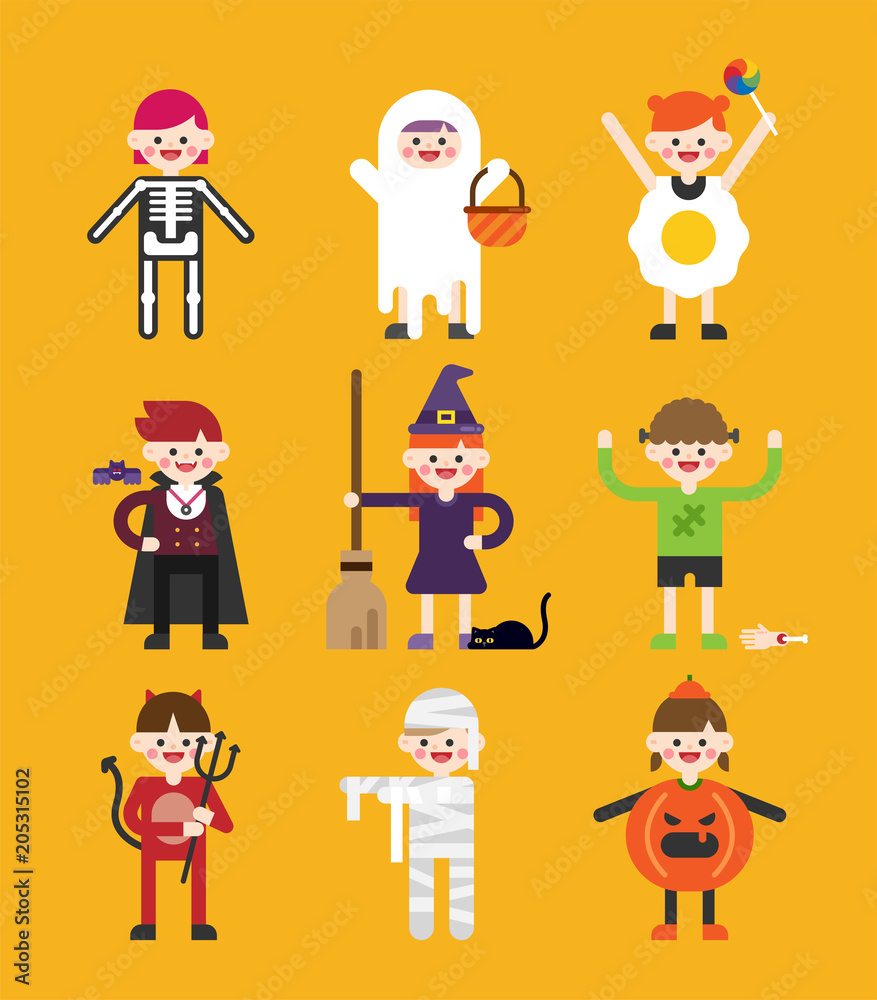 Naklejka premium holloween cute children characters vector flat design illustration set