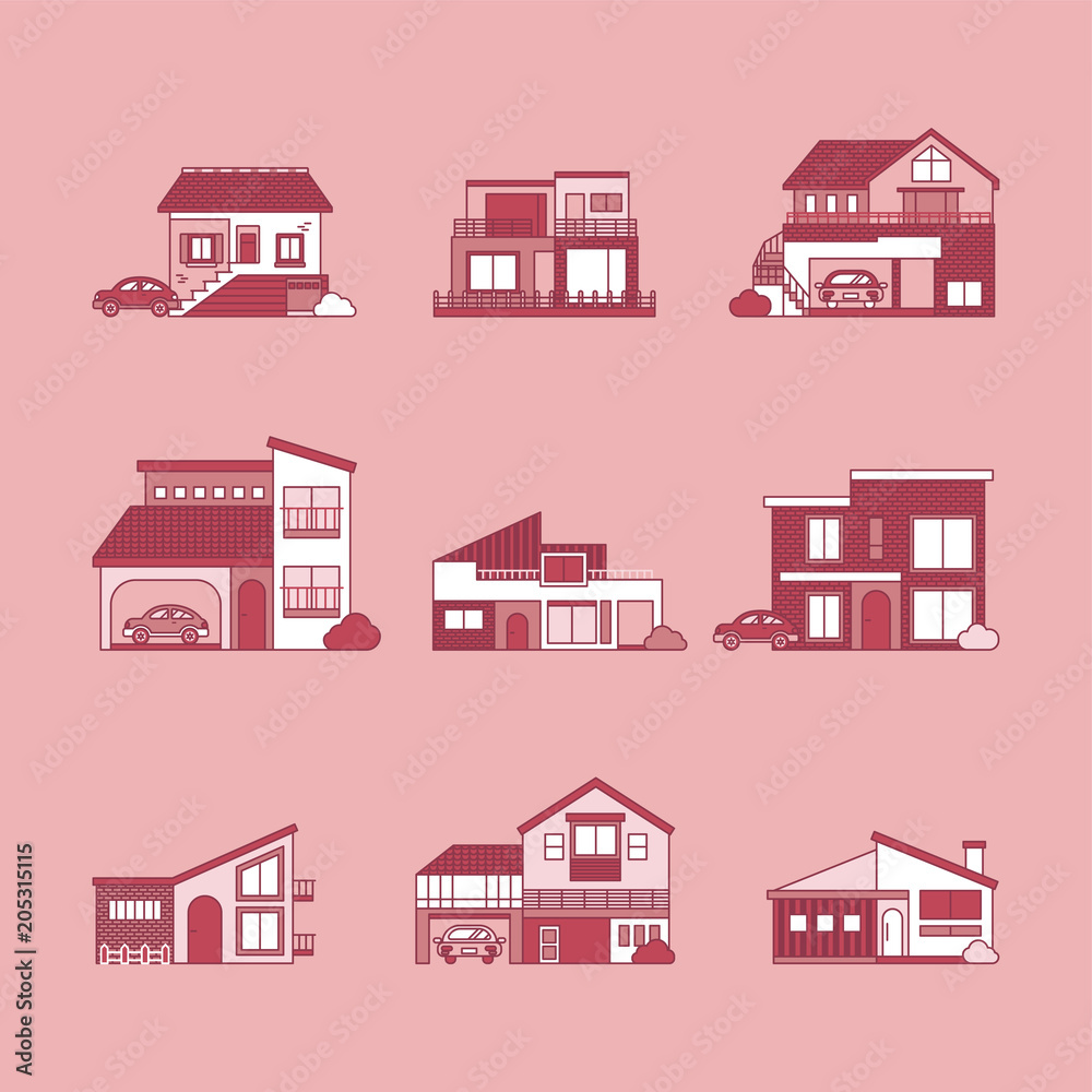 line style house icons vector flat design illustration set