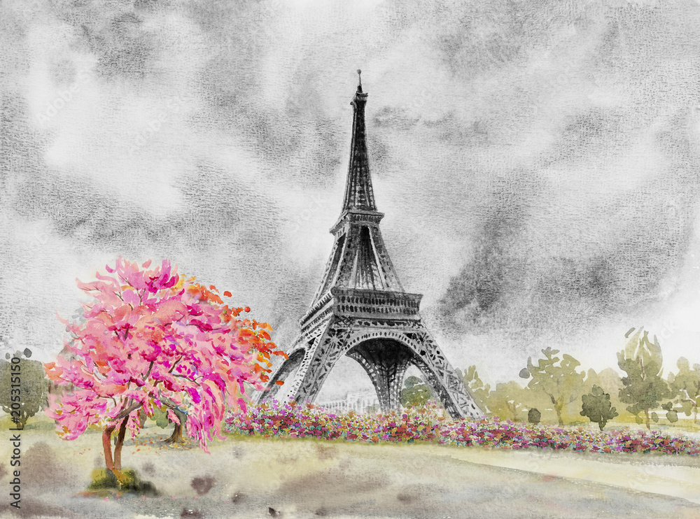 Paris European city. France, eiffel tower watercolor painting.