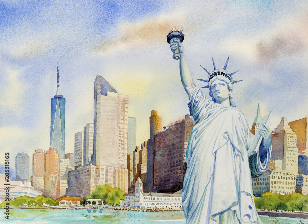 Statue Liberty  in Manhattan urban. Watercolor painting