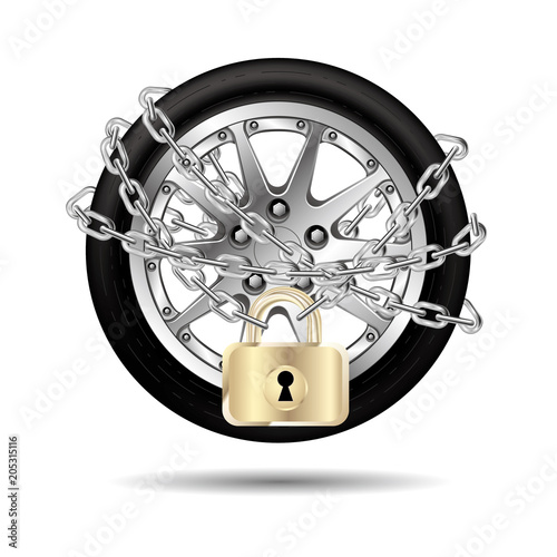 The chain locks the car tires. The lock is golden, stainless steel chain.