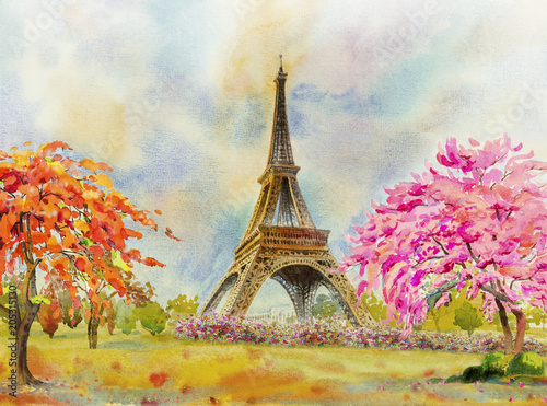Fototapeta Naklejka Na Ścianę i Meble -  Paris European city. France, eiffel tower watercolor painting.