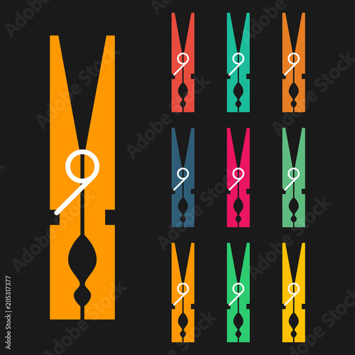 Clothespins, icons set, colorful isolated on black background, vector illustration.