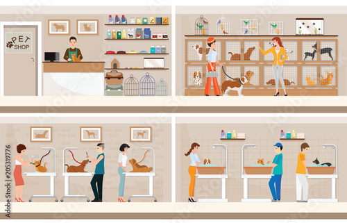 Modern pet shop with cages of animal.