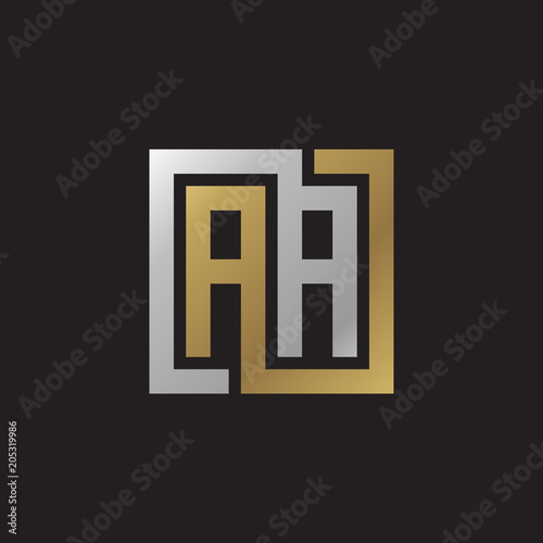 Initial letter AA, looping line, square shape logo, silver gold color on black background