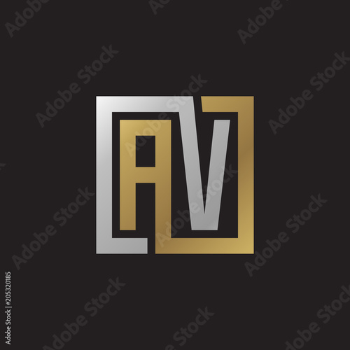 Initial letter AV, looping line, square shape logo, silver gold color on black background