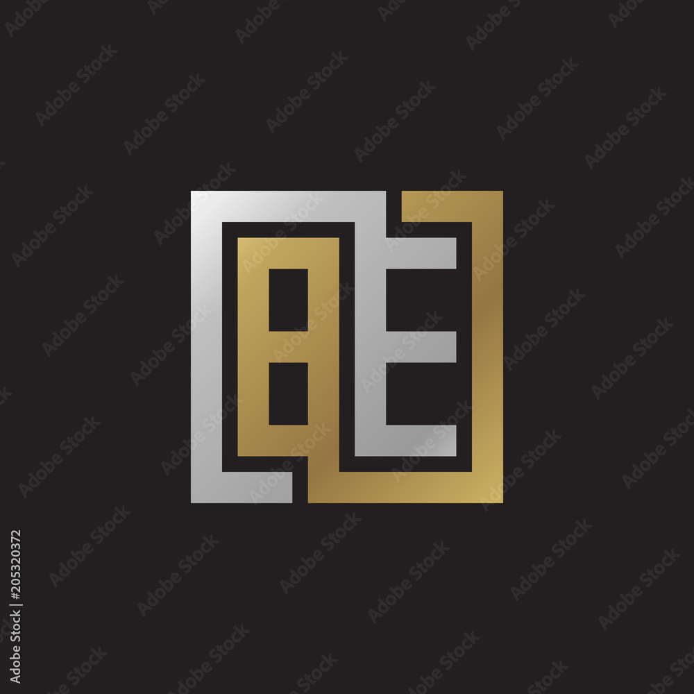 Initial letter BE, looping line, square shape logo, silver gold color on black background Initial letter BE, looping line, square shape logo, silver gold color on black background