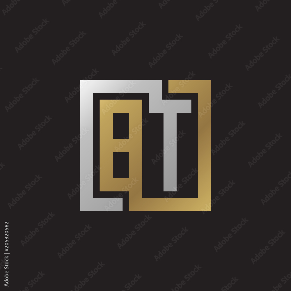 Initial letter BT, looping line, square shape logo, silver gold color on black background Initial letter BT, looping line, square shape logo, silver gold color on black background