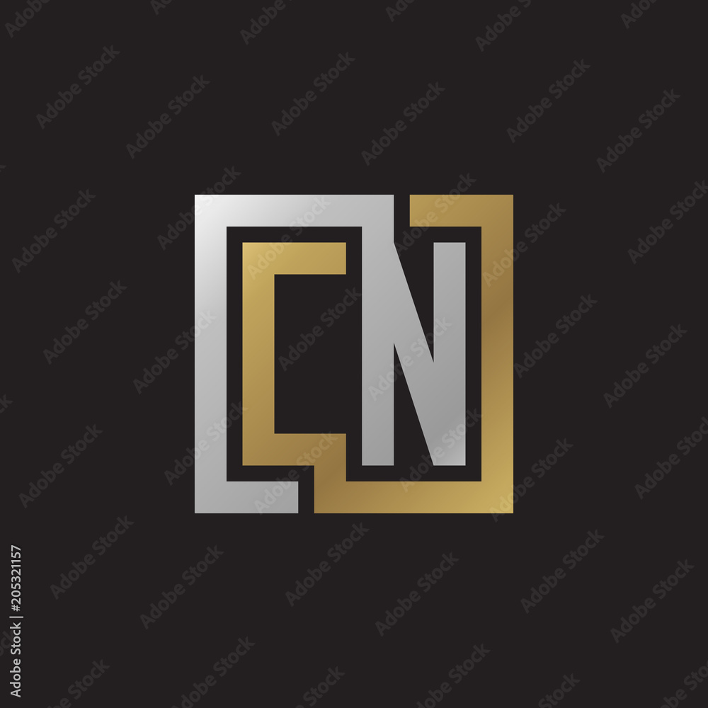 Initial letter CN, looping line, square shape logo, silver gold color on black background Initial letter CN, looping line, square shape logo, silver gold color on black background