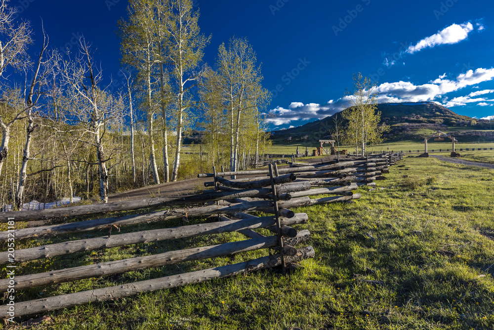 APRIL 27, 2017 - near Ridgway and Telluride Colorado - a Rail Fence and San Juan Mountains, Hastings Mesa