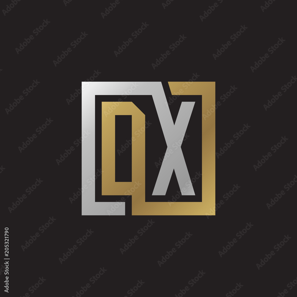 Initial letter DX, looping line, square shape logo, silver gold color on black background Initial letter DX, looping line, square shape logo, silver gold color on black background