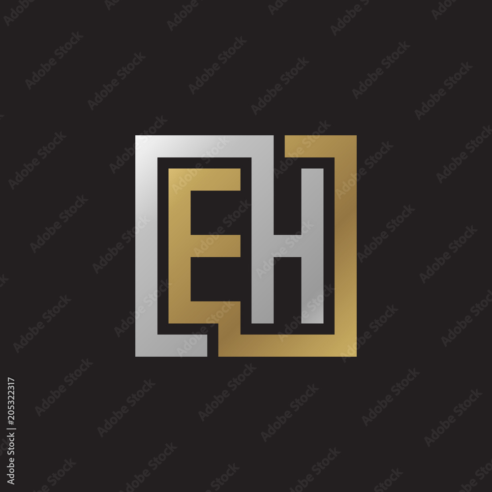 Initial letter EH, looping line, square shape logo, silver gold color on black background Initial letter EH, looping line, square shape logo, silver gold color on black background