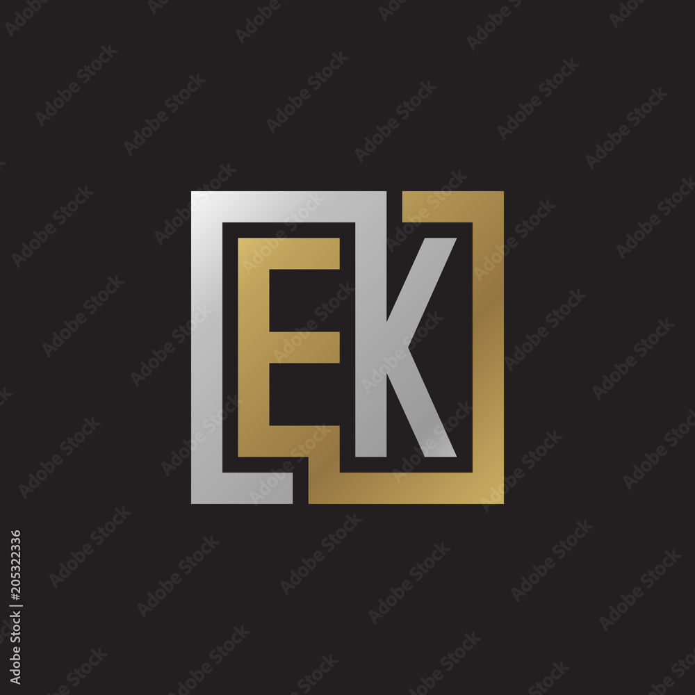 Initial letter EK, looping line, square shape logo, silver gold color on black background