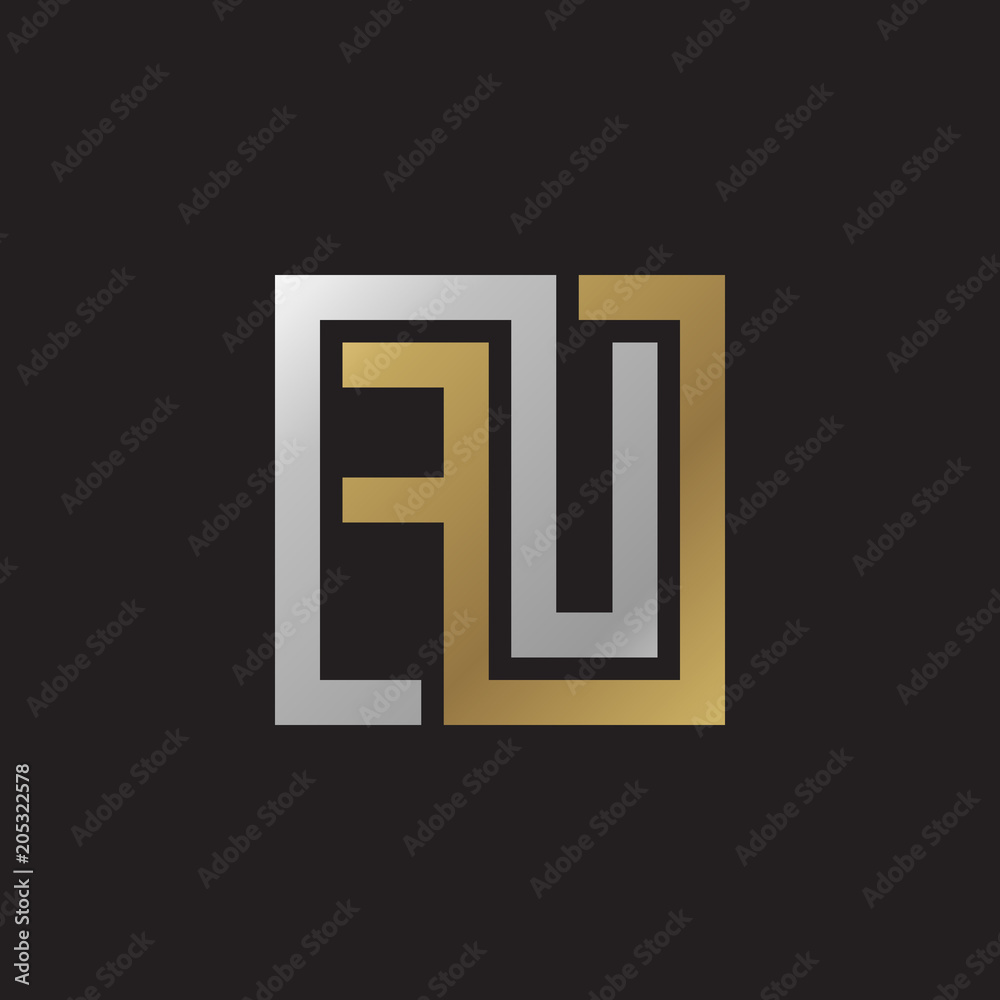 Initial letter FU, looping line, square shape logo, silver gold color on black background Initial letter FU, looping line, square shape logo, silver gold color on black background