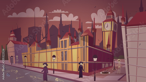 London plague epidemic vector illustration. Cartoon London great bubonic plague disease or Halloween concept design of doctors in mask costumes and dead people skeletons at Big Ben or Parliament House