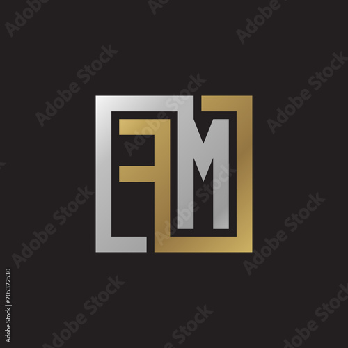 Initial letter FM, looping line, square shape logo, silver gold color on black background
