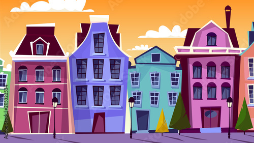Amsterdam cityscape vector illustration. Cartoon Amsterdam streets and traditional old houses for Dutch or Netherlands famous architecture landmarks