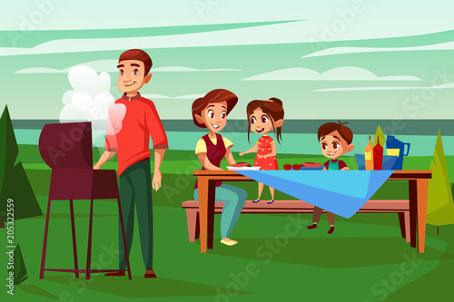 Family at barbecue picnic vector illustration. Cartoon design of father man frying at BBQ grill and mother with children boy and girl together sitting at picnic table in outdoor nature