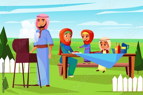 Arabian family at barbecue picnic vector illustration. Cartoon design of Saudi Muslim father man frying BBQ grill and mother in khaliji with children boy and girl together sitting at picnic table