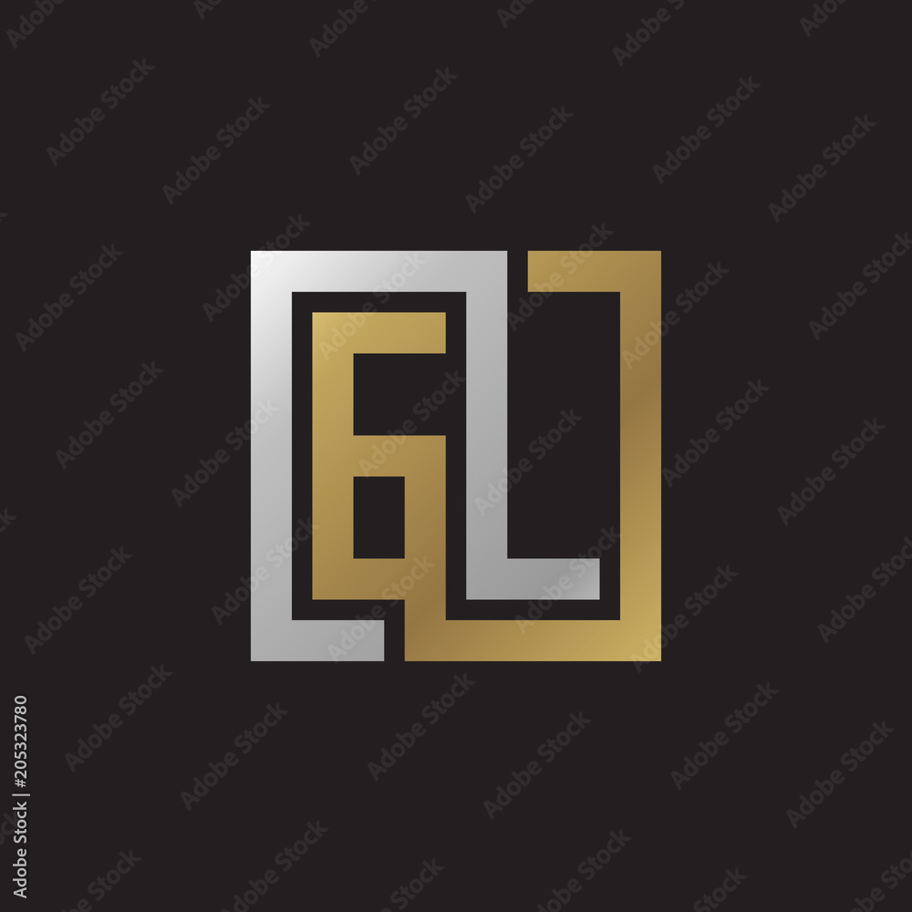 Initial letter GL, looping line, square shape logo, silver gold color on black background Initial letter GL, looping line, square shape logo, silver gold color on black background