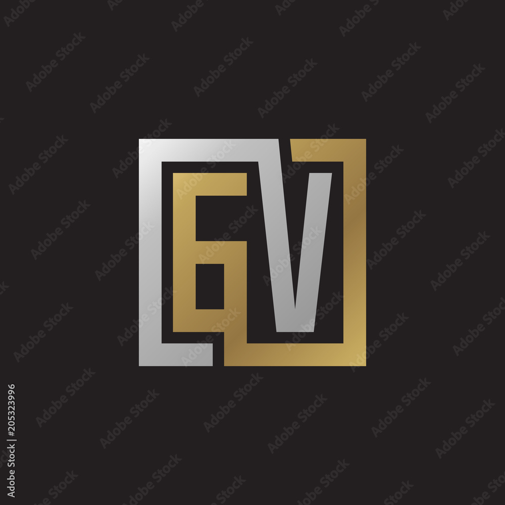 Initial letter GV, looping line, square shape logo, silver gold color on black background Initial letter GV, looping line, square shape logo, silver gold color on black background