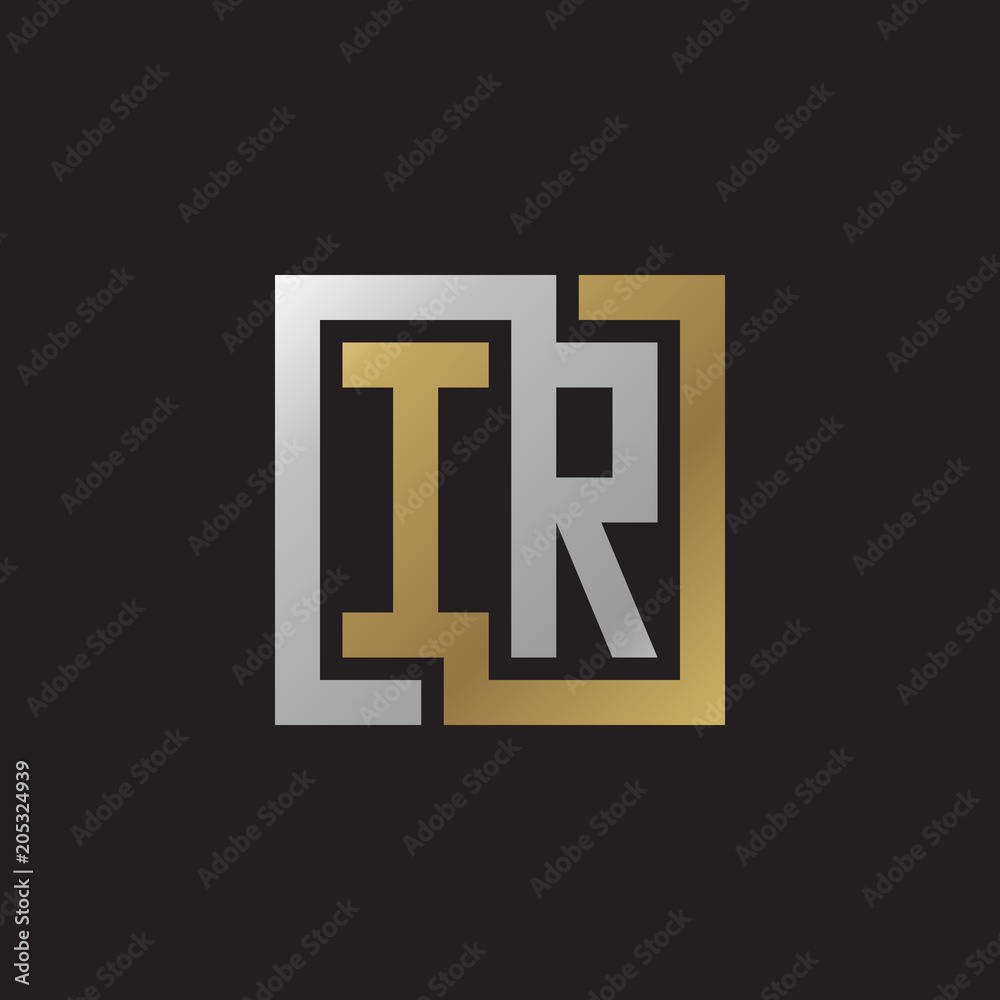 Initial letter IR, looping line, square shape logo, silver gold color on black background Initial letter IR, looping line, square shape logo, silver gold color on black background