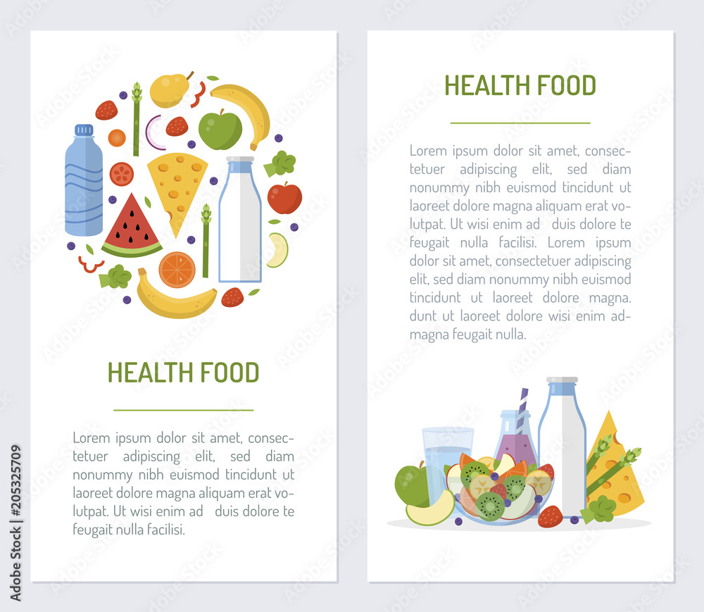 Set flyers for health food market. Promotional products. Flat design. Vector illustration.