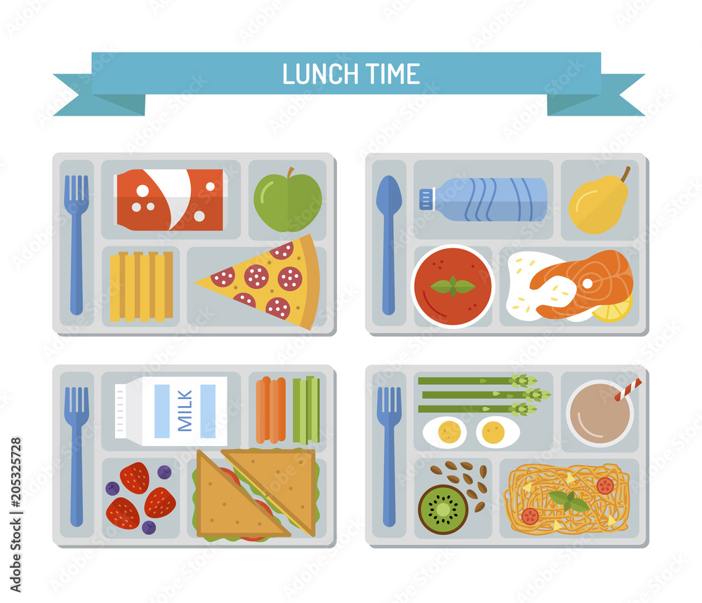 Set lunches on a tray. Healthy food. Business or school lunch