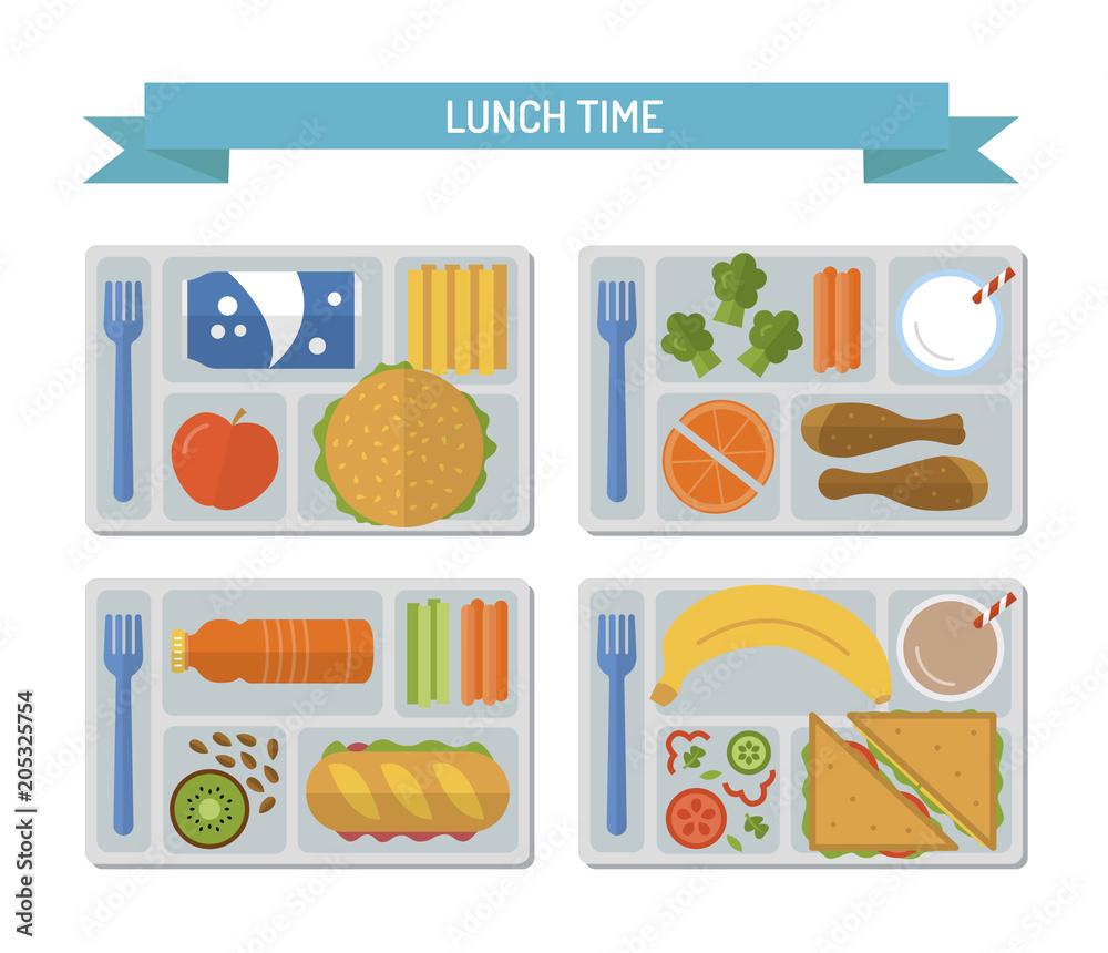 Set lunches on a tray. Healthy food. Business or school lunch