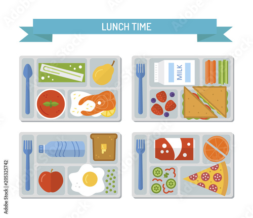 Set lunches on a tray. Healthy food. Business or school lunch. Flat style. Vector illustration. 