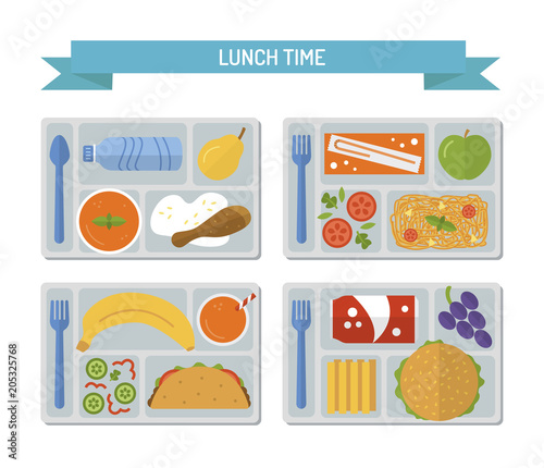 Set lunches on a tray. Healthy food. Business or school lunch. Flat style. Vector illustration. 