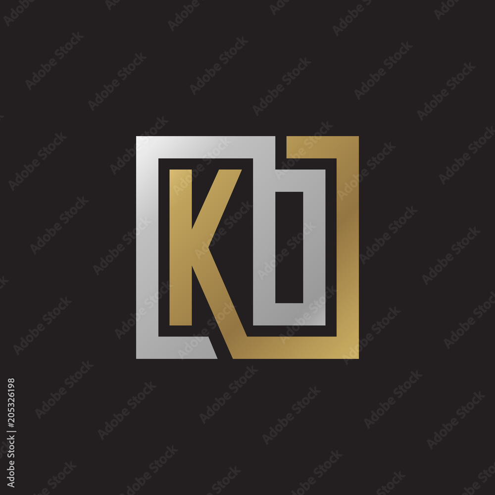 Initial letter KO, KD, looping line, square shape logo, silver gold color on black background Initial letter KO, KD, looping line, square shape logo, silver gold color on black background
