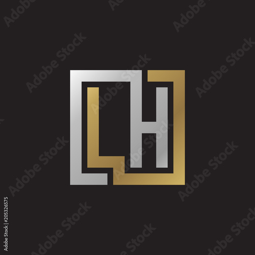 Initial letter LH, looping line, square shape logo, silver gold color on black background